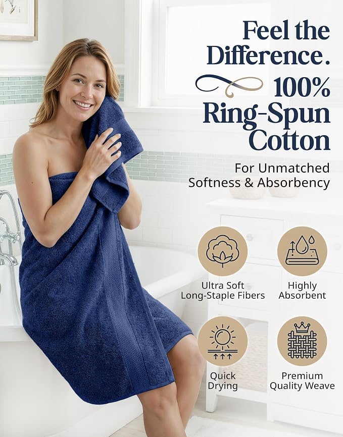LANE LINEN Luxury Cotton Bath Towel Set - 16 Piece - Low Twist, Soft & High Absorbency - 4 Bath, 8 Wash cloths, 4 Hand Towels - Classic Hotel Quality, Durable & Ideal for Modern Bathrooms - Navy Blue