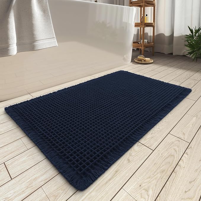 AMOAMI Upgraded Waffle Bath Mat, Super Absorbent Non Slip Bath Mats for Bathroom Floor, Machine Washable Bathroom Rugs with Tassels, Rubber Backed Bathroom Mats, Ultra Soft,24" x 36", Navy Blue