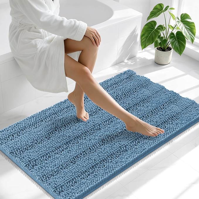 Smiry Thick Chenille Large Bathroom Rugs 45x27, Extra Soft Absorbent Striped Bath Mat, Machine Washable, Rubber Backing, Bath Rugs for Bathroom, Tub & Shower, Home Decor Accessories, Airy Blue