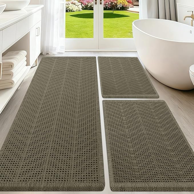 Upgraded Waffle Bath Mat Set 3 Piece Greyish Green-Herringbone, Super Absorbent Non-Slip Quick Dry Bathroom Rugs with Tassels, Machine Washable Ultra Soft Boho Bath Rugs,Bath Mats Boho Farmhouse Decor