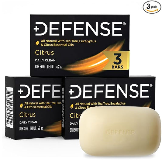Defense Soap Citrus Bar – All Natural Tea Tree, Eucalyptus & Citrus Essential Oils – Post Workout Hygiene for Athletes, Sports & Active Lifestyles – Washes Away Sweat & Body Odor – 4.2 oz (Pack of 3)