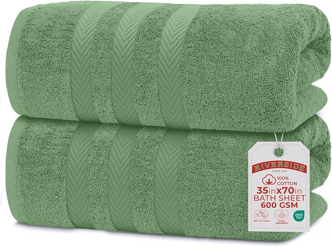 RIVERSIDE Pack of 2 Extra Large Bath Sheets 35 x 70 Inches, 100% Ring Spun Cotton, Hotel Quality, Oversized Bath Towels, Super Soft, Highly Absorbent & Quicker to Dry, Sage Green