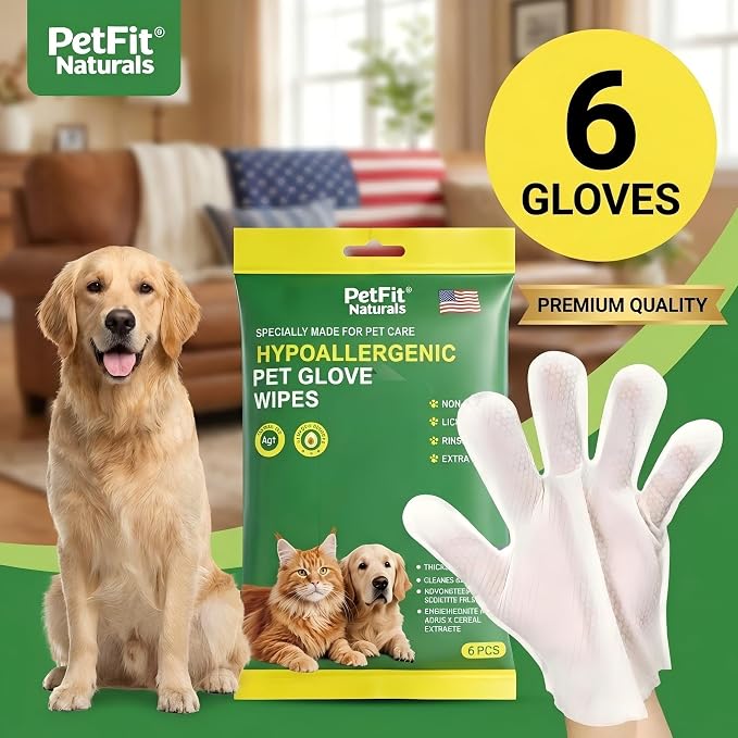 No Rinse Dog Bath Wipes & Cat Grooming Gloves, Extra Thick Waterless Pet Cleaning Mitts for Post-Surgery Recovery, Senior Dogs & Travel, Hypoallergenic Deodorizing - 6 Pack