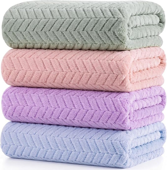 4 Pcs Microfiber Bath Towel Set 35" x 70" Oversized Turkish Luxury Plush Bath Sheet Extra Large Pastel Jacquard Chevron Sheet Soft Coral Velvet Absorbent Blanket for Pool Shower Spa