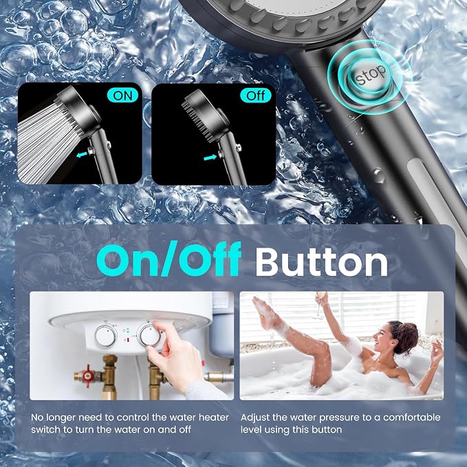 PWERAN Filtered Shower Head with Handheld, High Pressure 4 Spray Mode Showerhead with Filters, Water Softener Filter Beads for Hard Water with ON/OFF Switch for Pets - Remove Chlorine (Gray)