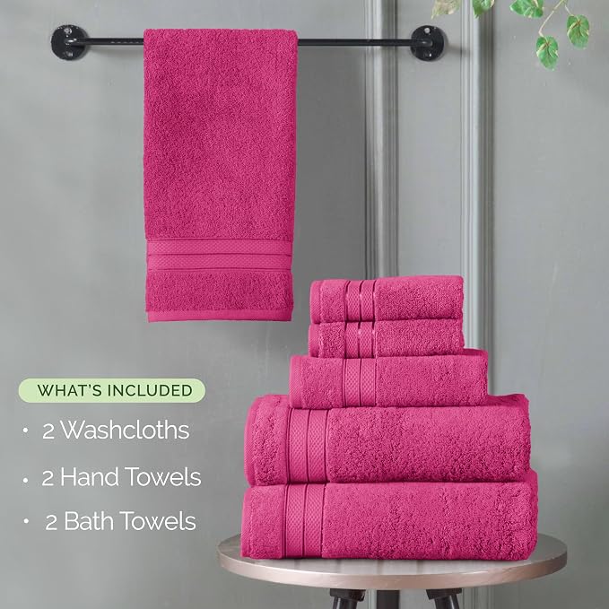 Elegant Comfort Luxury 6-Piece Towel Set, Premium Soft 100% Turkish Cotton, Three Line Popcorn Design 2 Bath Towels, 2 Hand Towels and 2 Washcloths Towel Set - Quick-Drying and Absorbent, Hot Pink