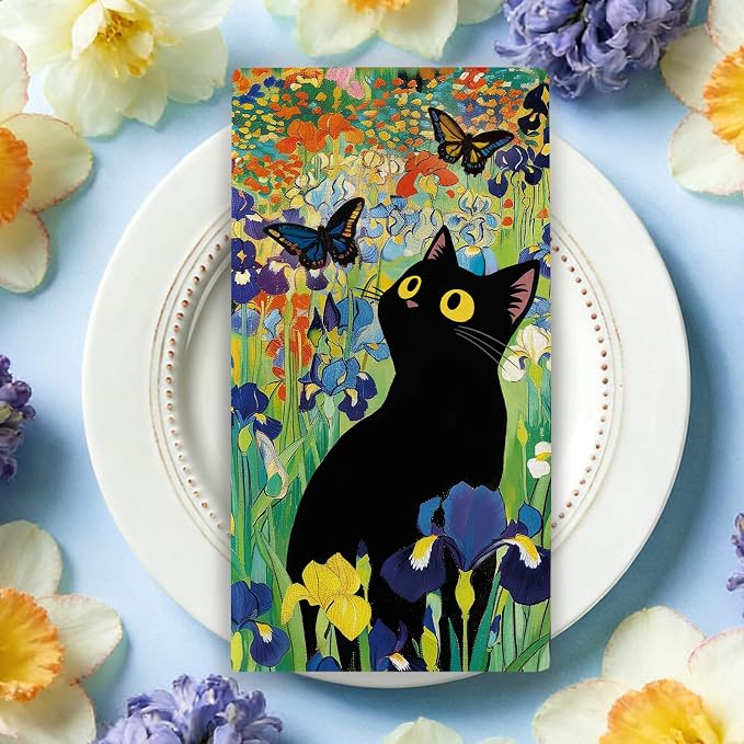 Spring Summer Black Cat Floral Kitchen Dish Towels Set of 2, Iris Flower Butterfly Drying Hand Towel Baking Cooking Cloth, Wildflower Bathroom Home Decoration Pet Cat Owner Lover Gift 18''x26''