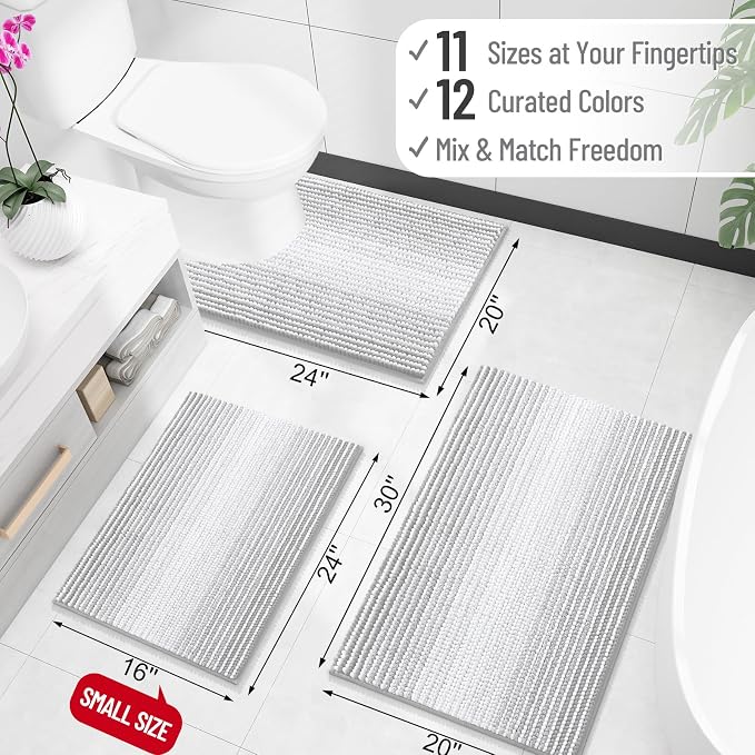 OLANLY Bathroom Runner Rugs 47x20, Extra Soft Absorbent Chenille Striped Bath Rugs, Rubber Backing, Machine Wash Dry, Long Bath Mats for Bathroom, Tub, Shower, Home Decor Accessories, Light Grey