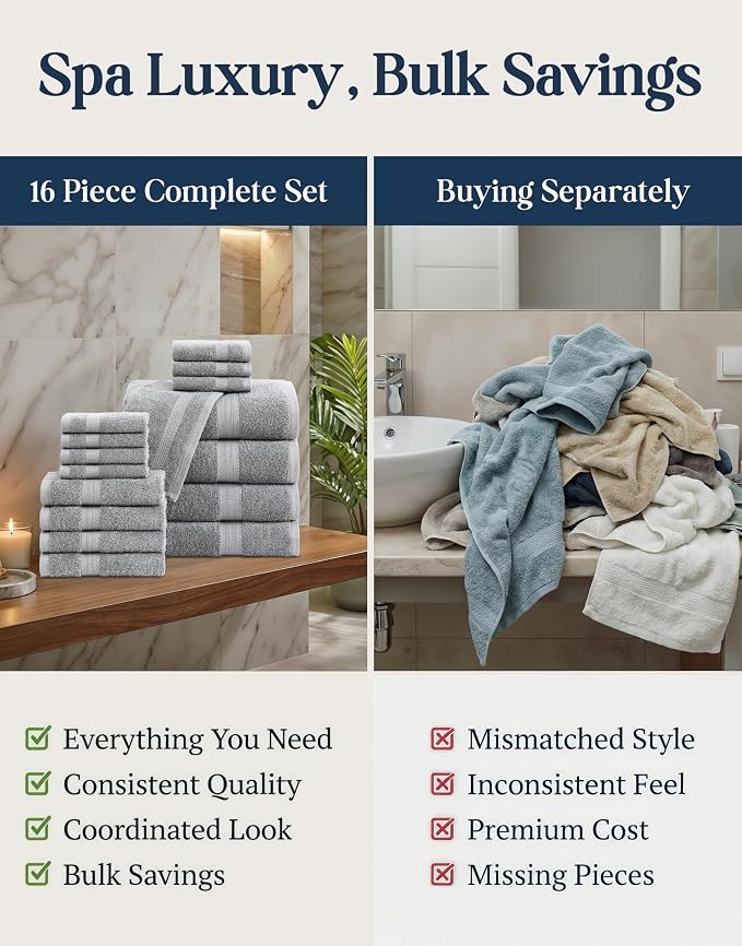 LANE LINEN 100% Cotton Turkish Towel Set for Bathroom - 16 Piece - Super Soft, Quick Dry & Highly Absorbent - 4 Bath, 8 Wash Cloths, 4 Hand Towels - Hotel Quality, Durable & Oeko-TEX Certified - Grey