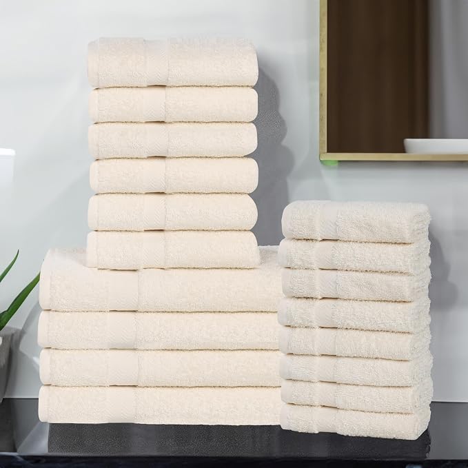 Superior 18-Piece Cotton Assorted Towel Set, Includes 8 Face Towel, 6 Hand, and 4 Bath Towels, Home, Bathroom, Guest Bath Essentials, Quick Dry, Absorbent, Franklin Collection - Ivory