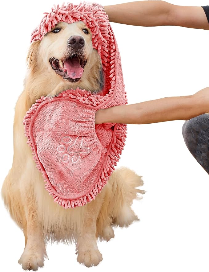 Super Absorbent Microfiber Dog Towel – Large Quick Dry Pet Bath Towel for Drying Dogs After Bathing, Swimming & Grooming – Puppy, Small & Large Dog Bath Supplies-Coffee (Pink)