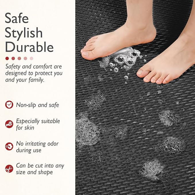 Extra Large Non-Slip Shower Mat, Fast-Dry PVC Bath Stall & Tub Mat, Drain-Hole Design,for Shower Stall Tub for Elderly/Kids，Non Slip Bathroom Safety Accessory，Black 32"x17"