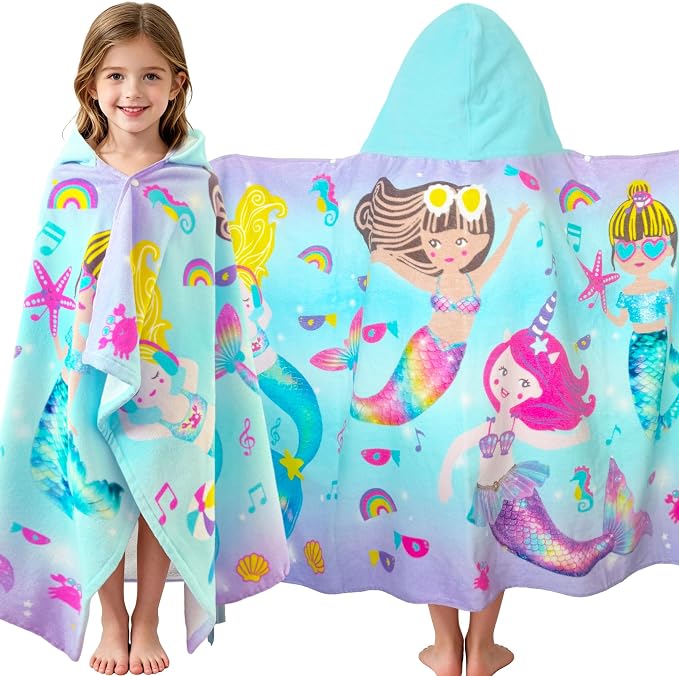 VOOVA & MOVAS Kids Hooded Beach Towel Age 3-8, 30''X50,Soft | Thick | Large | 100% Cotton,Absorbent Beach, Bath, Pool Towels Wrap for Girls, Sea Mermaid
