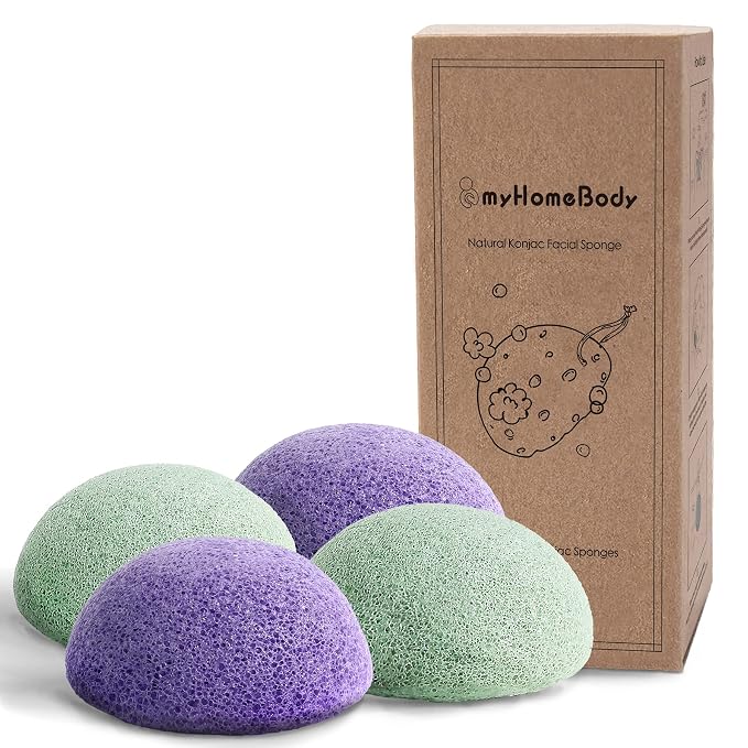 myHomeBody Natural Konjac Facial Sponges, Violet Lavender & Sage Green | Natural Konjac Sponge, Charcoal Face Sponge, Gentle Face Cleansing, Facial Exfoliation, With Lavender and Aloe Vera