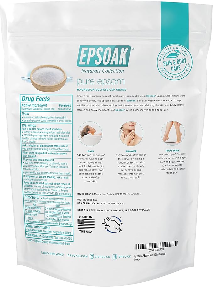 Epsoak Epsom Salt 10 lb. Magnesium Sulfate USP. Resealable Epsom Salt Bag Unscented, Made in The USA, Cruelty-Free Certified