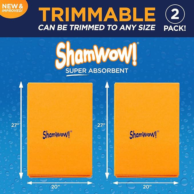 ShamWow 2pk (20"x27") Shammy Super Absorbent Multi-Purpose Home Cleaning, Chamois Towel for Cars, Lint-Free, Streak-Free & Scratch-Free, Holds 10x Its Weight, Machine Washable, Orange