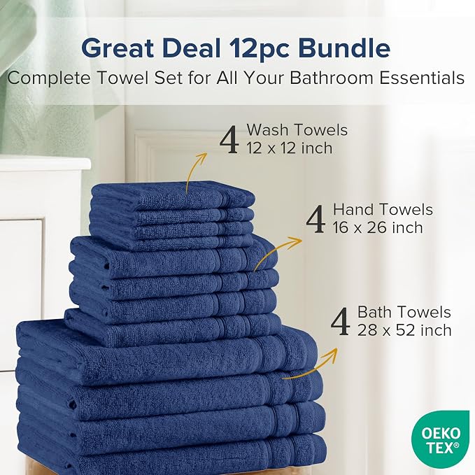 Comfort Spaces 12 Pc Towel Set, 100% Cotton Zero Twist, Indigo Navy Blue | Zero Twist Cotton, Quick Dry Ultra Soft, 4 Bath 4 Hand 4 Washcloth, Absorbent Lightweight Towels for Everyday