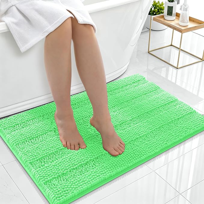 Smiry Thick Chenille Bathroom Rugs 36x24, Extra Soft Absorbent Striped Bath Mat, Machine Washable, Rubber Backing, Bath Rugs for Bathroom, Tub & Shower, Home Decor Accessories, Mint Green