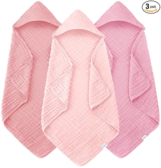 Muslin Hooded Baby Bath Towels - 3 Pack 100% Cotton Ultra-Soft Towels for Newborns, Infants, Toddlers - 32x32 Inch - Highly Absorbent, Quick-Dry Essentials for Bath Time, Beach, Pool, Sakura Series