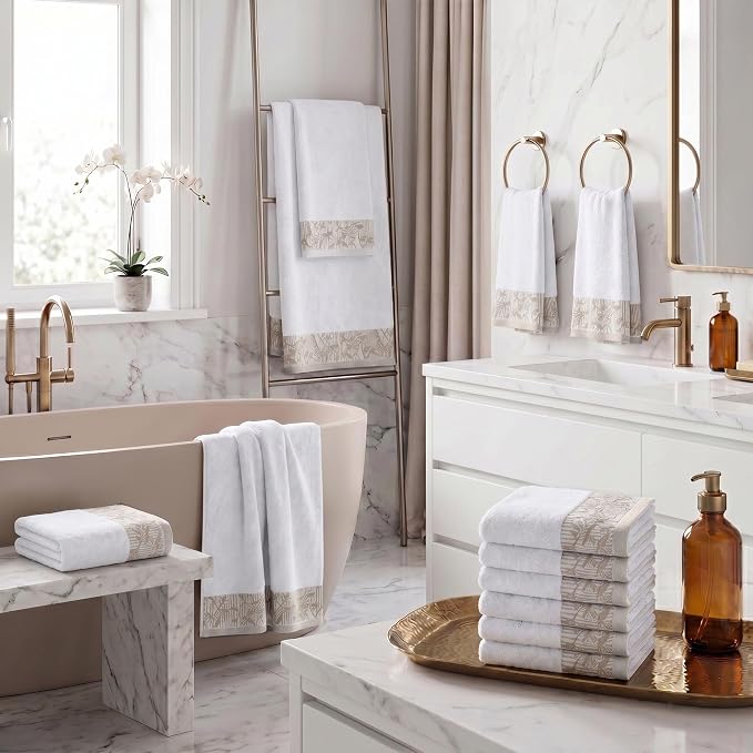 Superior Floral Jaquard Cotton Bathroom Towels, 12pc Towel Set, White | Soft Absorbent Quick Dry Terry Weave, Hotel Quality, Wisteria Towels Includes 3 Bath Towels, 3 Hand Towels, 6 Washcloths