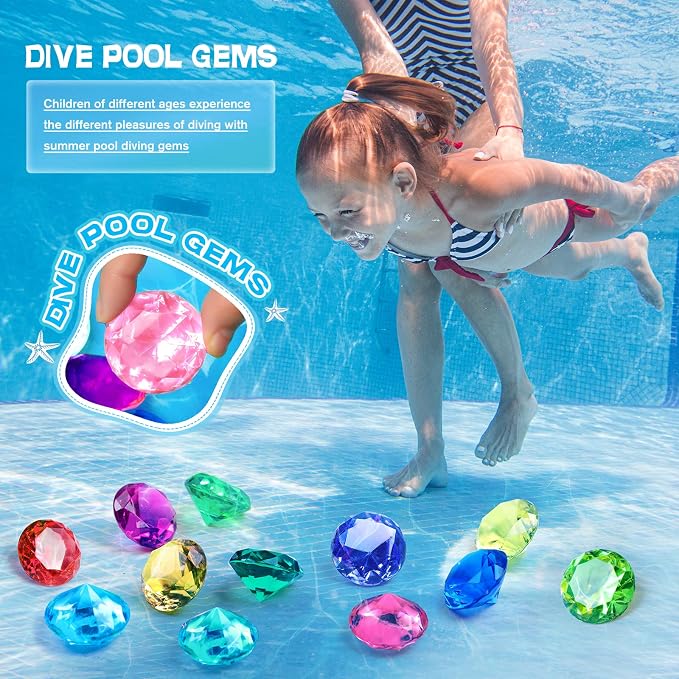 DISHIO Large Diving Gem Pool Toys with Golden Treasure Box, 10PCS Colorful Acrylic Diamonds Set for Summer Swimming Underwater Training, Pirate Party Favors, Bath Toys for Kids Gold