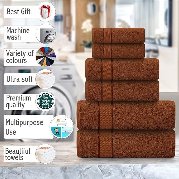 Bath Towels Set-100% Cotton-2 Bath Towel, 2 Hand Towels & 2 Washcloths- Large, Quick Dry, Absorbent, Plush, Soft-Home, Spa, Hotel, Pool, Shower Towel - 6 Piece Luxury Bathroom Towel - Brown