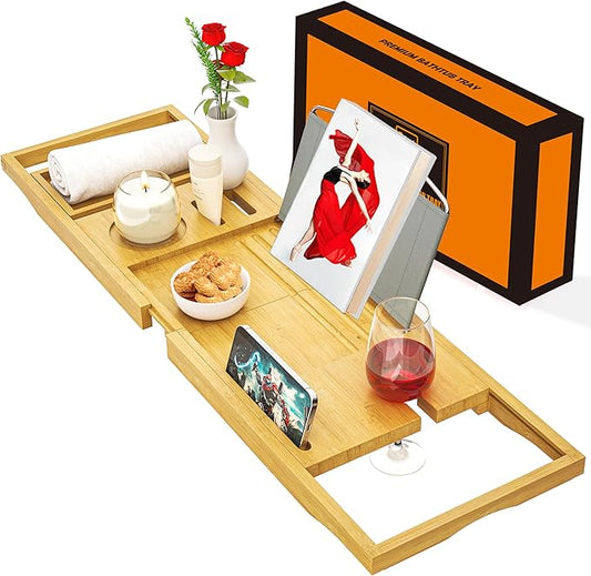 Premium Natural Bamboo Expandable Bathtub Tray Caddy, Luxury Spa-Like Experience, Adjustable, Sturdy, Non-Slip, Foldable