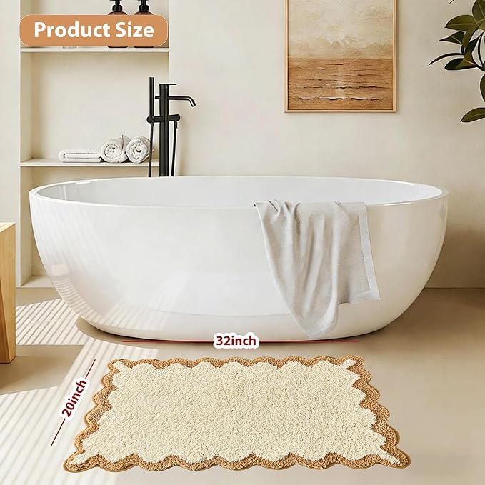 ORTIGIA Cute Beige Scalloped Bath Mat, Quick Dry Bath Rug Absorbent Soft Plush Microfiber Bathmat for Bathroom Floor Carpet for Sink Bedroom, 20x32