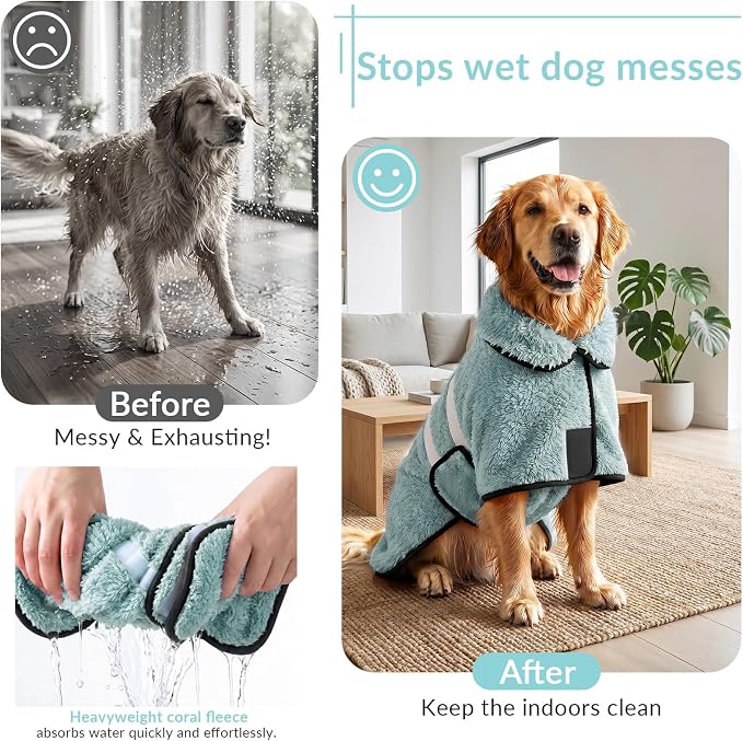 Bienbee Dog Bathrobe, Quick Drying Super Absorbent Pet Robes for Small Medium Large Dogs, Drying Coat for After Bath & Swim, Warm & Cozy Dogs Towels, Dog Puppy Bath Supplies, Light Green XXL