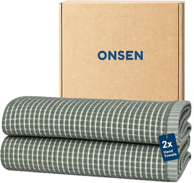 ONSEN Sculpted Terry Hand Towels, 100% American Cotton, Quick Dry Lint Free, Lightweight Absorbent Hand Towel Set with Hanging Loop, 20x30 in (Spruce, 2X Hand Towel)