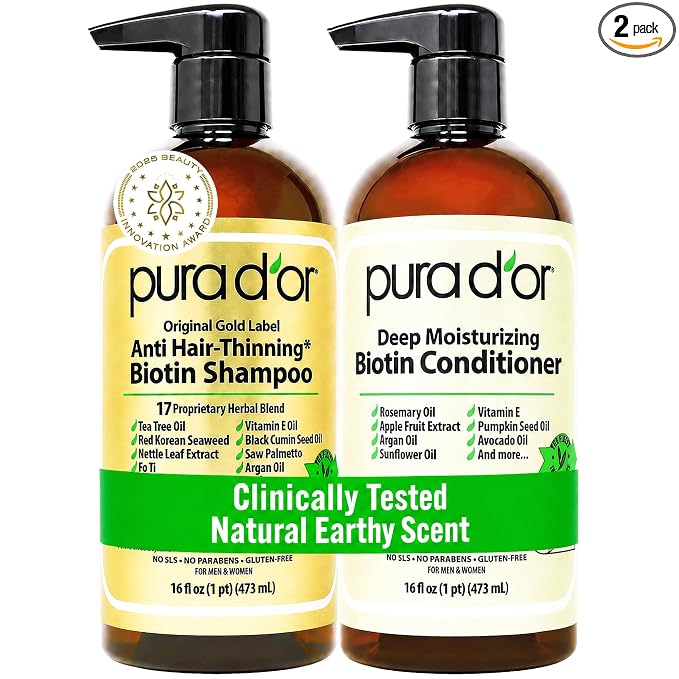PURA D'OR Anti-Thinning Biotin Shampoo & Hair Regrowth Conditioner, CLINICALLY TESTED Effective Results, Thickening Herbal Blend For Women & Men, Original Gold Label Set, Natural Earthy Scent, 16oz x2