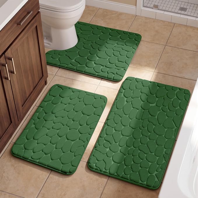 YIHOUSE Bathroom Rugs Mat Set, Memory Foam Bath Mat 3 Piece Green | U Shape+Small Mat, Non Slip, Water Absorbent, Washable, Bath Mat For Bathroom, Sink and Toilet