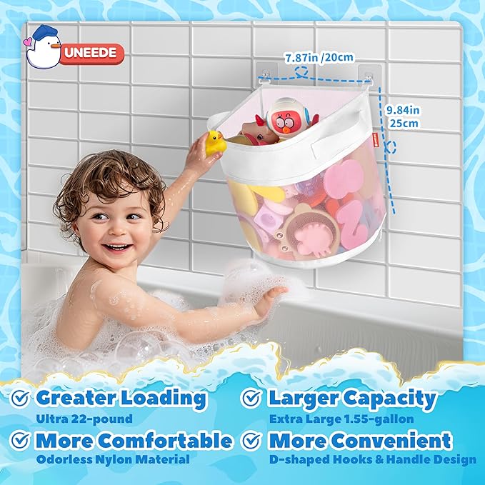 UNEEDE Bath Toy Organizer,1.55 Gallons Bathtub Toy Storage Organizer,Quick Access Bath Toy Holder for Bathtub,Baby Organizer and Storage,Quick Dry Baby Toy Storage for Tub,Mesh Shower Caddy(Pink)