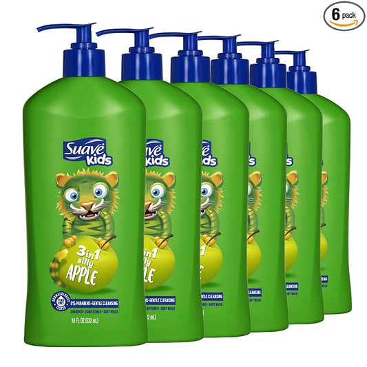 Suave Kids 3 in 1 Shampoo, Conditioner & Body Wash Silly Apple, Gentle Tear-Free Formula for Kids’ Hair & Skin, Juicy, Fun Scent, Dermatologist Tested, 18 FL OZ Pump, 6 Count