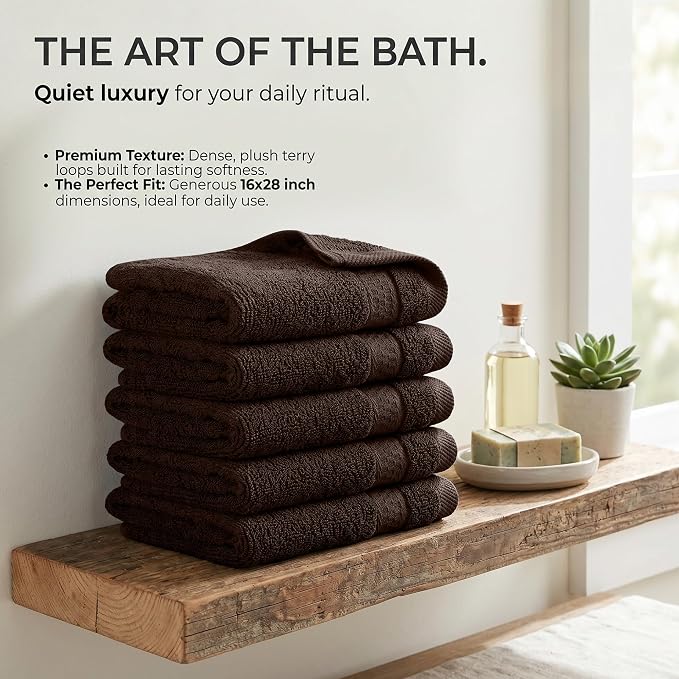 RIVERSIDE 6-Pack Premium Hand Towels Set, 16x28 inches, 100% Ring Spun Cotton, Super Soft, Quicker to Dry and Highly Absorbent, Towels for Bathroom, Kitchen, Gym, Spa, Brown