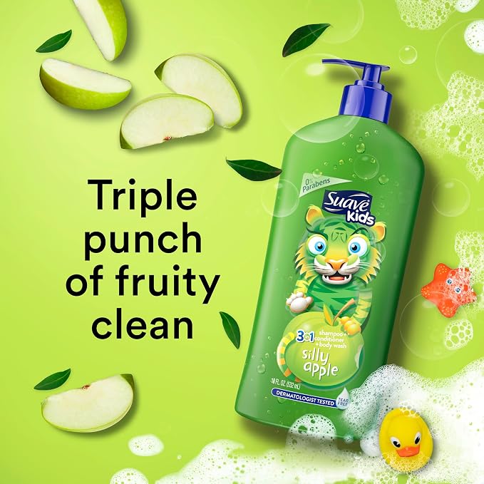 Suave Kids 3-in-1 Tear Free, Body Wash, Shampoo and Conditioners, Dermartologist Tested, Silly Apple, 18 Oz Pack of 6