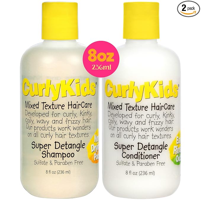 CurlyKids Super Detangle Kids Shampoo & Conditioner Set, Frizz-Free Care for Curly, Kinky, Wavy, and Frizzy Hair - Sulfate & Paraben-Free Hair Care