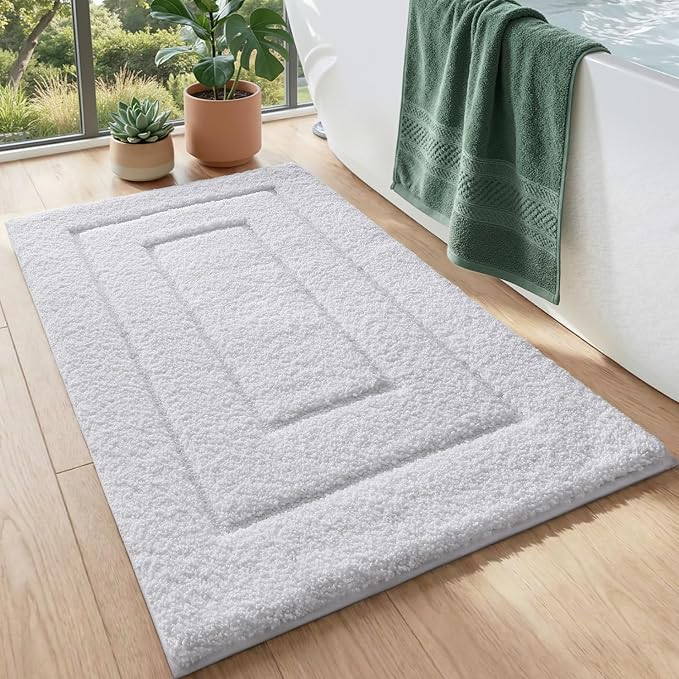DEXI Small Bathroom Rug 24x16, Non Slip Washable Bath Mat for Shower Floor, Absorbent Soft Bathmat with Rubber Backing, Quick Dry Microfiber Carpet, White