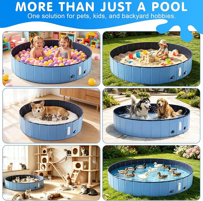 DEWEL Portable Foldable Dog Pool Bath Tub for Dogs Cats & Pets, Collapsible PVC Kiddie Bath Tub Pool with MDF Reinforced Panels, Non-Slip Bottom for Bathing Swimming Outdoor Backyard Patio Play