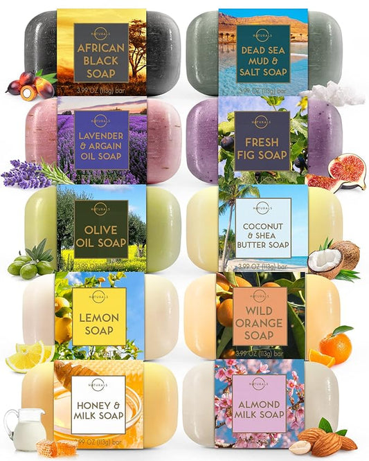 O NATURALS 100% Natural Bar Soap - Gift Set - Organic Ingredients & Essential Oils - Spa Gifts for Women & Men, Body Wash & Face Soap - 10PC Variety Soaps Collection - Mothers Day Gifts
