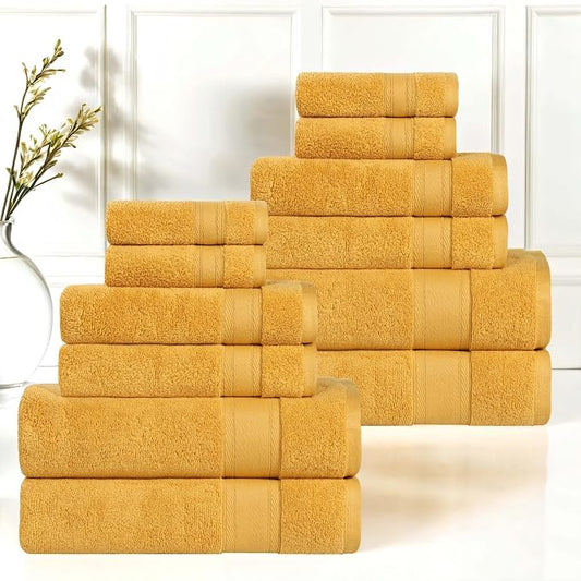 Superior Belmont Zero Twist Cotton Medium Weight Towels, for Guest Bath, Bathroom, Shower, Spa, Plush, Quick Dry, Ultra-Soft Towels, Bath Essentials, Thick Border, 12 Piece Assorted Towel Set, Gold