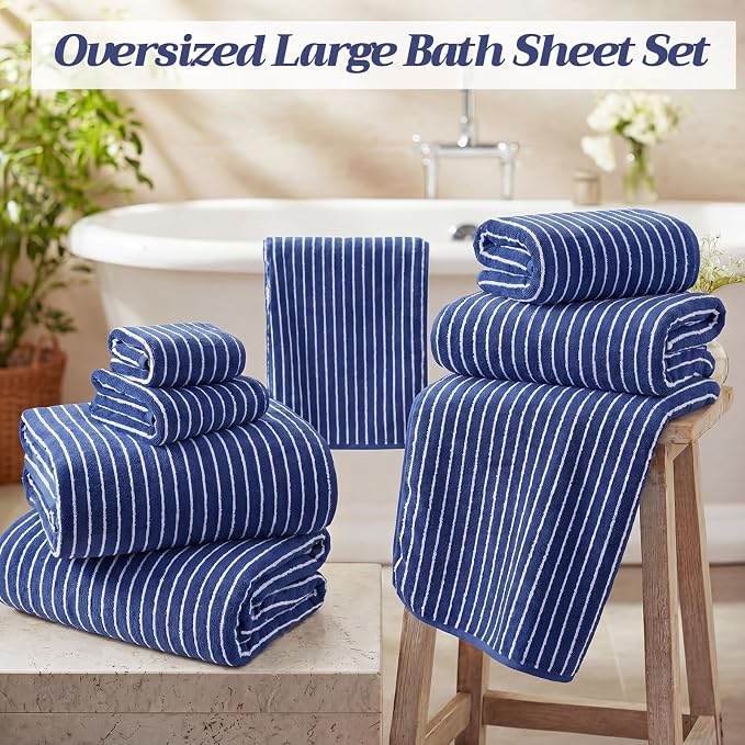 8 Pcs Oversized Bath Towels Set for Adults 40 x 80 Inches Extra Large Blue & White Striped Beach Towels Sheets Pool Shower Quick Jumbo Dry Absorbent Soft Microfiber for Hotel Bathroom