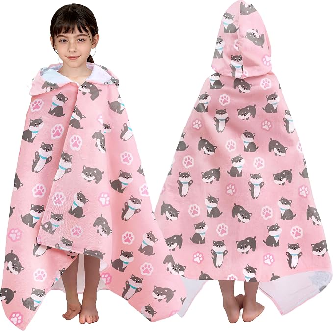 VOOVA & MOVAS Kids Hooded Beach Towel (3-8 Years) – 100% Cotton Soft Bath & Swim Towel (30"x49"), Quick Dry Absorbent, Cute Dog Design for Girls – Perfect for Pool, Beach, Bath