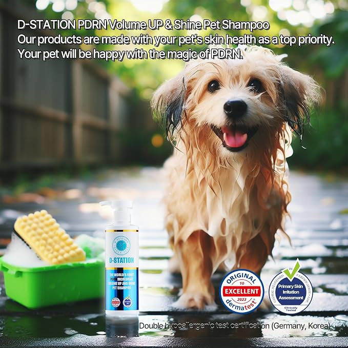 D-STATION Premium PDRN Volume Shampoo for Dogs & Cats - Salmon DNA & Manuka Honey - Soothes Dry Itchy Skin, Boosts Shine & Fluffiness - Moisturizing & Deodorizing Wash, 10.1 oz