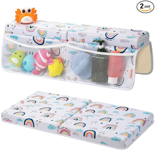 Bath Kneeler and Elbow Rest Pad Set - Comfortable 1.5” Thick Baby Bath Kneeler Pads with Toys Organizer, Non-Slip Knee Arm Support Bathtub Mat, Quick-Drying Kneeling Pad for Baby Bath Time
