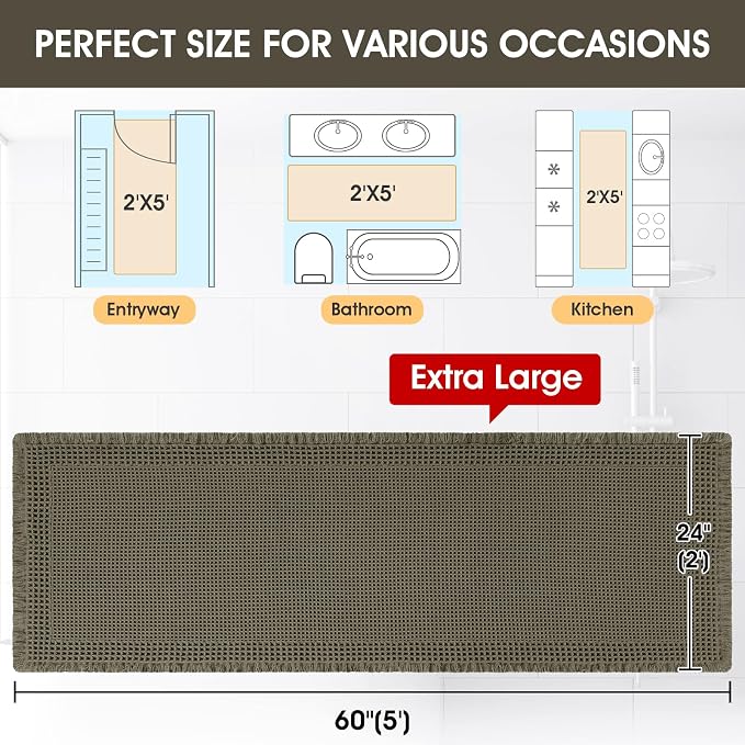 Extra Large Waffle Bath Mat, 5'x2' Greyish Green-Bordered, Super Absorbent Non-Slip Quick Dry Bathroom Rugs with Tassels, Machine Washable Ultra Soft Boho Bath Rugs, Toilet Mats Boho Farmhouse Decor