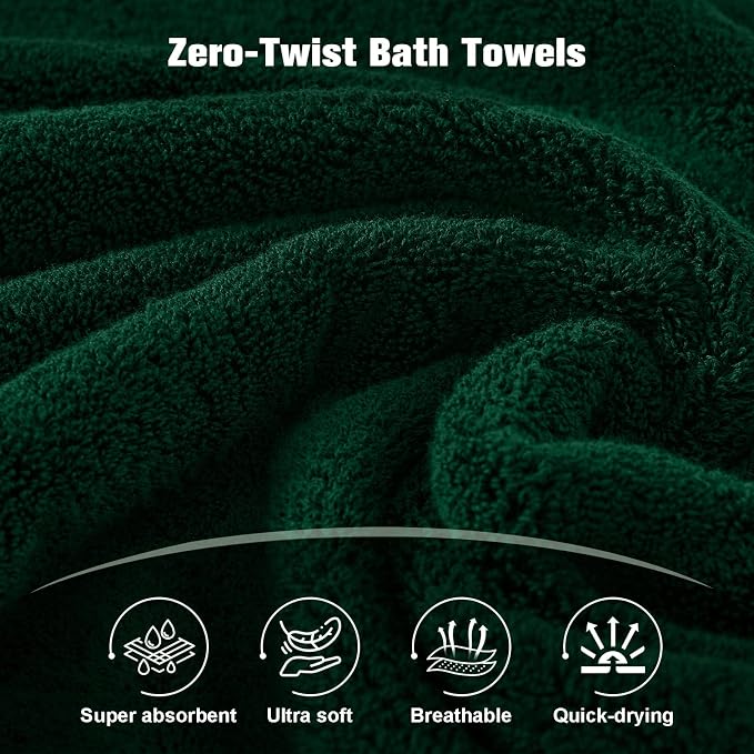 COZYART Dark Green Bath Towels for Bathroom 2 Pcs, 27x54inch Cotton Bath Towel Set Super Soft Highly Absorbent Durable 650 GSM Shower Towels for Daily Use