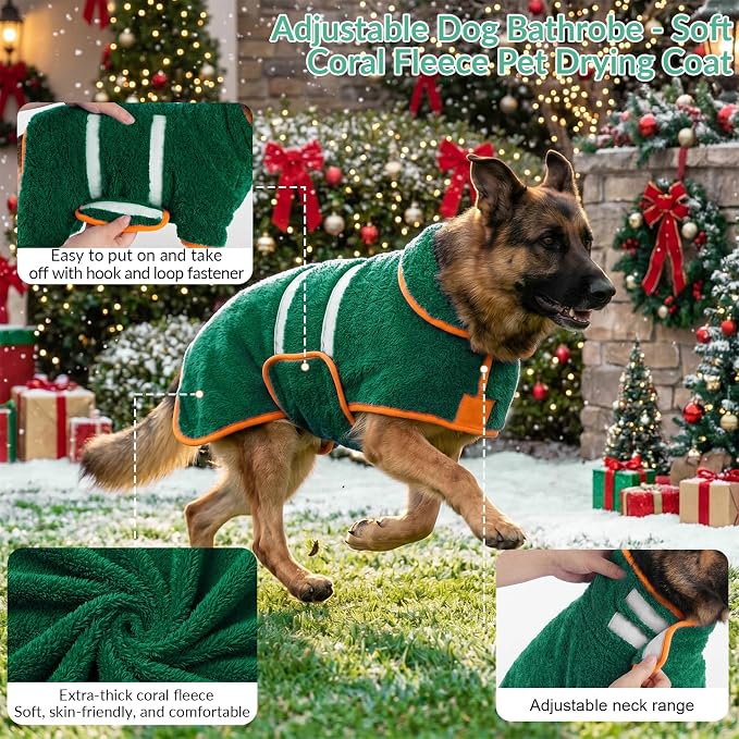 Bienbee Dog Bathrobe, Quick Drying Super Absorbent Pet Robes for Small Medium Large Dogs, Drying Coat for After Bath & Swim, Warm & Cozy Dogs Towels, Dog Puppy Bath Supplies, Green M