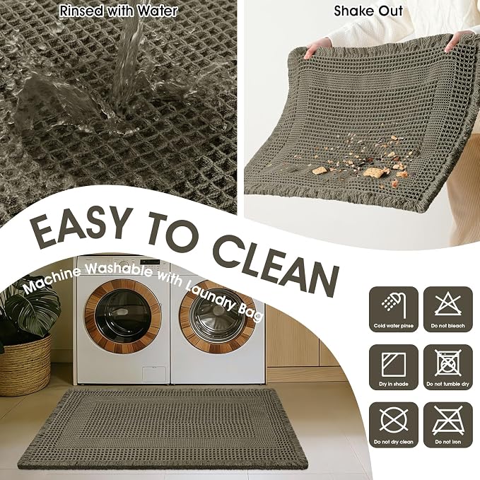 Extra Large Waffle Bath Mat, 6'x2' Greyish Green-Looped, Super Absorbent Non-Slip Quick Dry Bathroom Rugs with Tassels, Machine Washable Ultra Soft Boho Bath Rugs, Toilet Mats Boho Farmhouse Decor