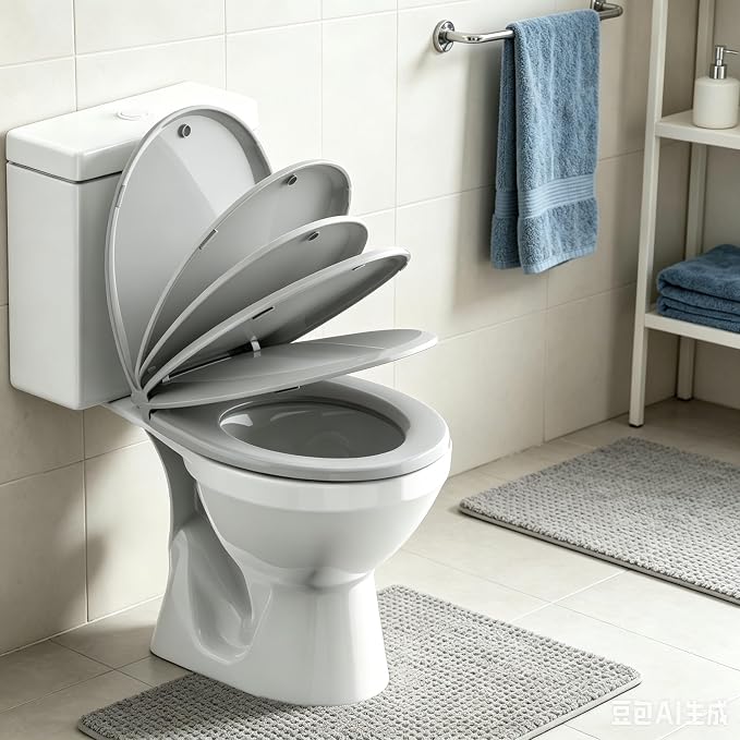 Toilet Seat, Round, Ice Grey, PP Material, 16.5 Inch, Soft Close, Anti-Slip, Never Loosen, Easy Clean, B2B Avilable,2 Years Support